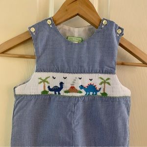 Little Threads Smocked Dino Jumper Overalls with Snap Legs and Gingham Print